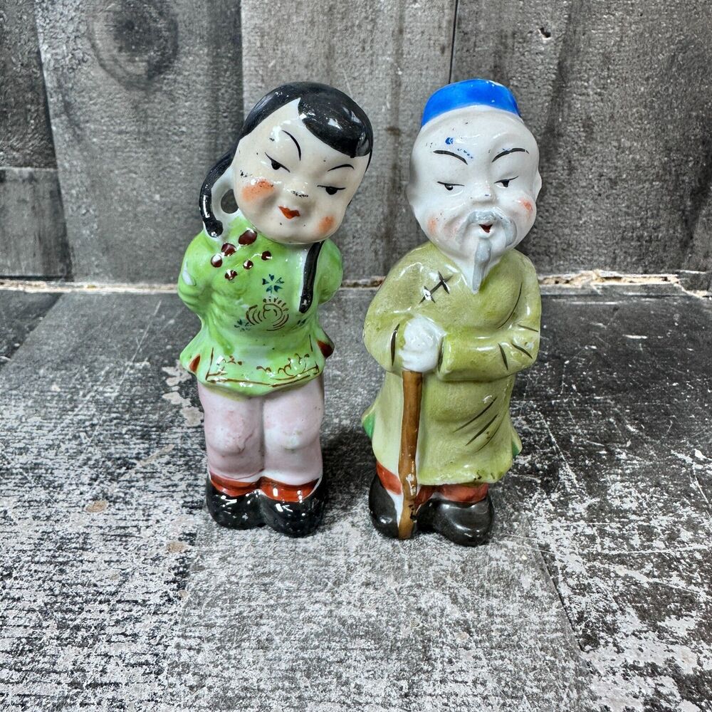Hand Painted Made in Occupied Japan Asian Man and Woman 4.5" Ceramic Figurines